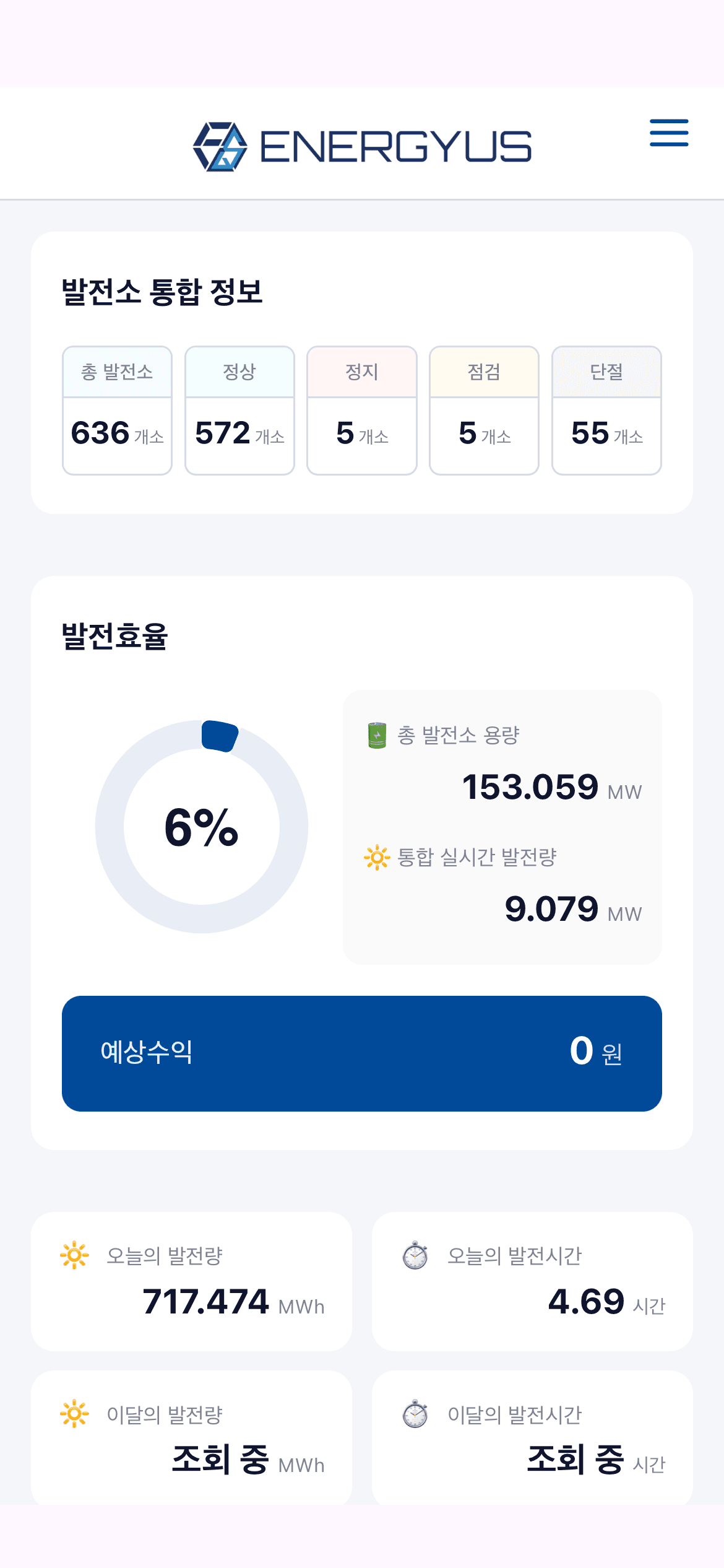 에너지어스 모바일 앱 통합 대시보드 화면